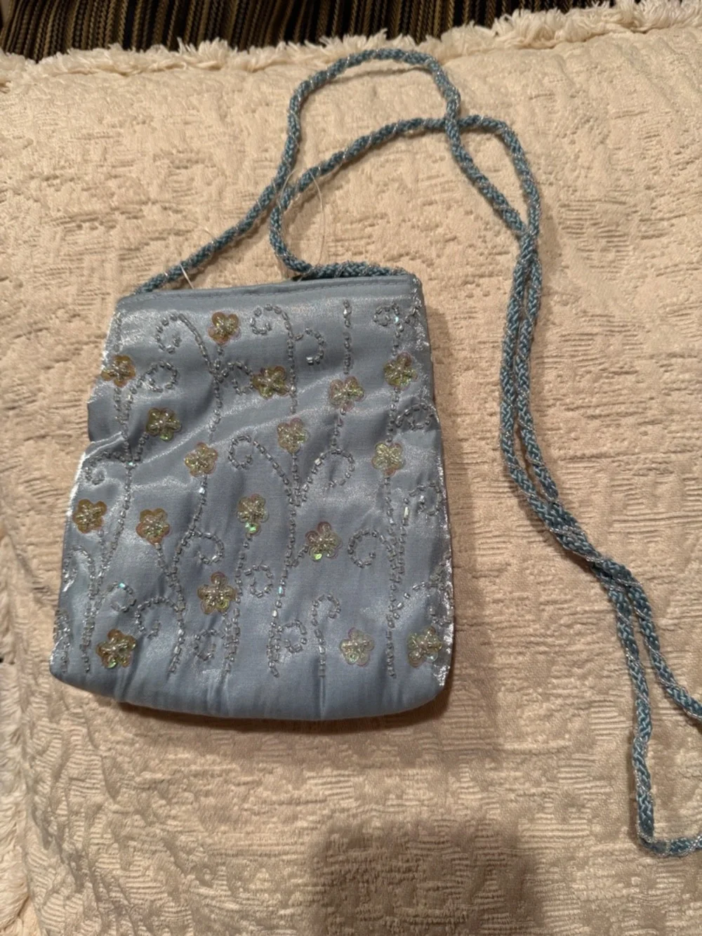 Embroidered Light Blue Crossbody Purse with Braided Strap